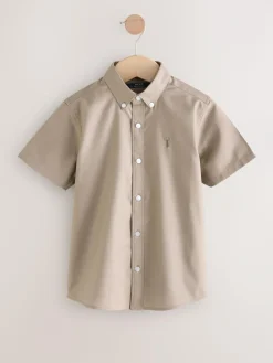 Next Taupe Logo Short Sleeve Cotton Rich Oxford Shirt (3-16yrs)^BOY Shirts