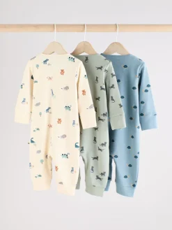 Online Next Teal Blue Baby Printed Zip Sleepsuits 3 Pack (0mths-3yrs)