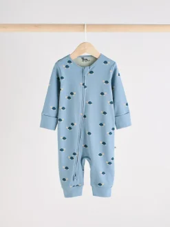 Online Next Teal Blue Baby Printed Zip Sleepsuits 3 Pack (0mths-3yrs)
