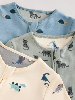 Online Next Teal Blue Baby Printed Zip Sleepsuits 3 Pack (0mths-3yrs)