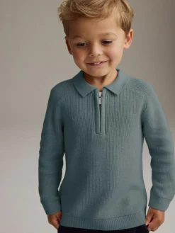 Online Next Long Sleeve Quarter Zip Knitted Polo Shirt (3mths-7yrs) Teal Blue