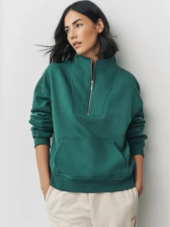 Next Relaxed Fit Heavyweight Cotton Rich Jersey Zip Neck Sweatshirt^Women Nightwear|Hoodies & Sweatshirts