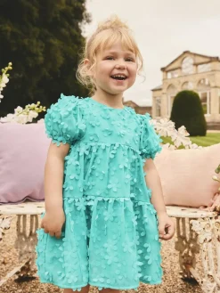 Clearance Next Short Sleeve 3D Flowers Dress (3mths-8yrs) Teal Blue