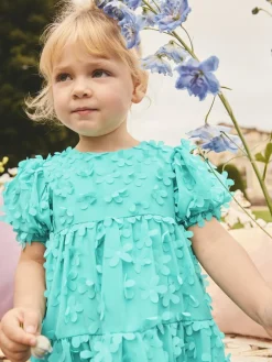 Clearance Next Short Sleeve 3D Flowers Dress (3mths-8yrs) Teal Blue