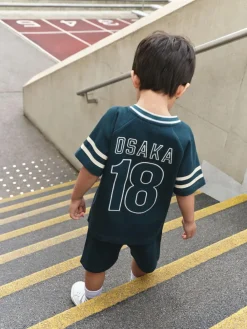 Clearance Next Short Sleeve Varsity Shorts Set (3mths-7yrs) Teal Blue