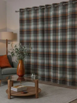 Next Teal Blue/Orange Brushed Check Eyelet Lined Curtains