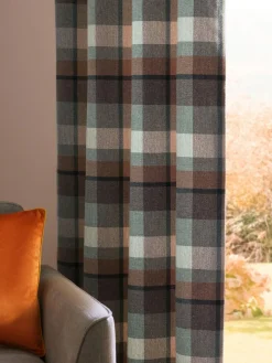 Next Teal Blue/Orange Brushed Check Eyelet Lined Curtains