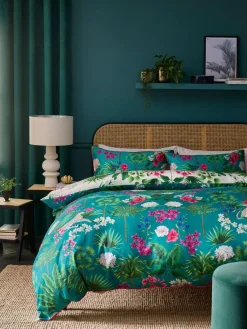 New Next Teal Green Reversible Safari 200 Thread Count 100% Cotton Sateen Duvet Cover and Pillowcase Set