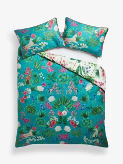 New Next Teal Green Reversible Safari 200 Thread Count 100% Cotton Sateen Duvet Cover and Pillowcase Set