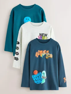 Next Teal/Blue/Grey Bright Graffiti Relaxed Fit Graphic Print Long Sleeve T-Shirts 3 Pack (3-16yrs)^BOY Tops|T-Shirts