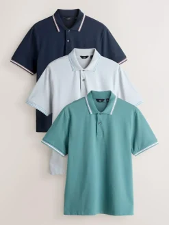 Hot Next Short Sleeve Tipped Pique Polo Shirts 3 Pack Teal/Navy/Grey
