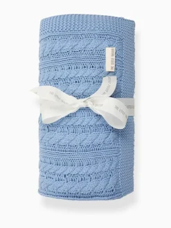 Hot The Little Tailor Baby Blue Fisherman Cable Knitted 100% Cotton Blanket