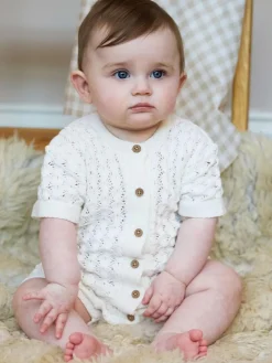Discount The Little Tailor Baby Scallop Design Pointelle Button Through 100% Cotton Romper White
