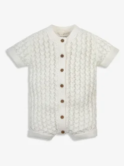 Discount The Little Tailor Baby Scallop Design Pointelle Button Through 100% Cotton Romper White