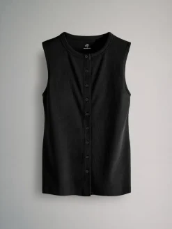 The Set 3 Pack Button Through Ribbed Vests Black/White/Chocolate Brown^Women Nightwear