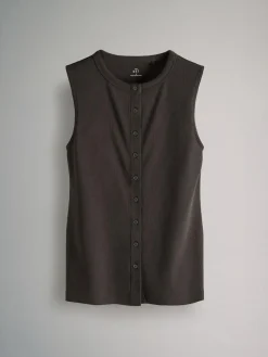 The Set 3 Pack Button Through Ribbed Vests Black/White/Chocolate Brown^Women Nightwear