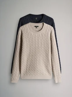 The Set 2 Pack Cable Knit Jumpers with Wool Navy Blue/Brown^ Knitwear|Knitwear