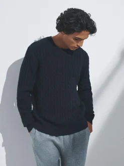 The Set 2 Pack Cable Knit Jumpers with Wool Navy Blue/Brown^ Knitwear|Knitwear