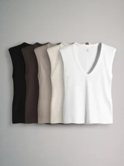 Best The Set 5 Pack Deep V-Neck Ribbed Vest Black/Brown/White/Cream
