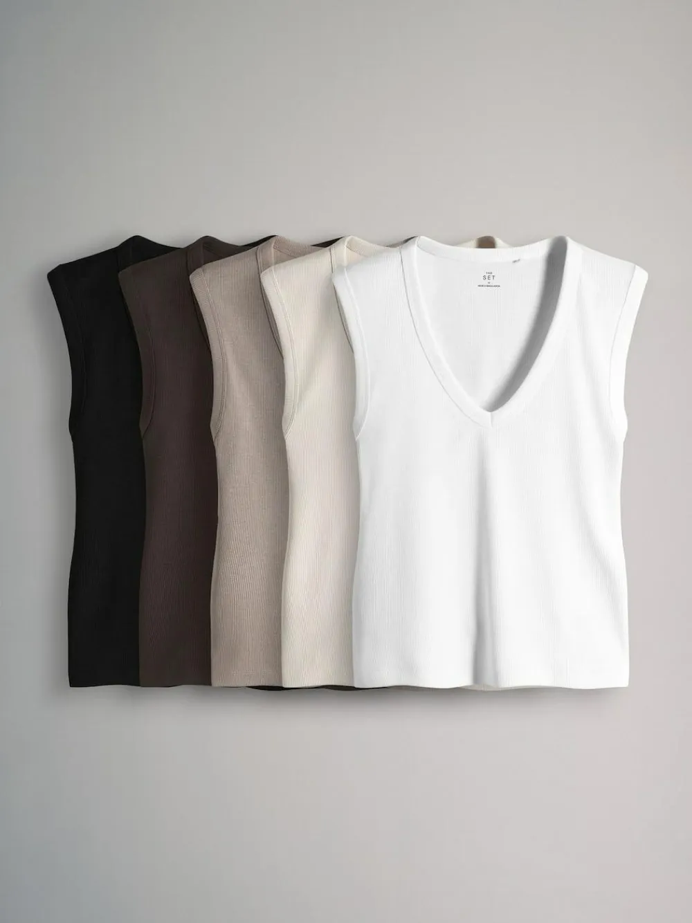 Best The Set 5 Pack Deep V-Neck Ribbed Vest Black/Brown/White/Cream