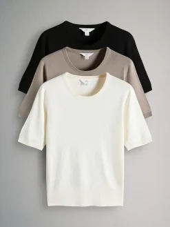 Outlet The Set 3 Pack Fine Knit T-Shirts Black/Neutral/Cream