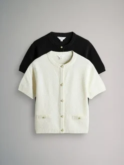 The Set 2 Pack Gold Button Knitted Short Sleeve Cardigans Cream/Black^Women Knitwear|Knitwear