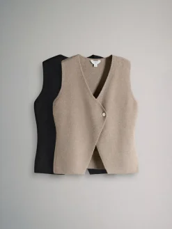 The Set 2 Pack Knitted Gold Button Ribbed Waistcoat Neutral/Black^Women Suits & Tailoring