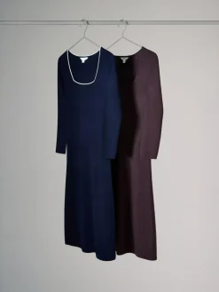 The Set 2 Pack Knitted Square Neck Dress Burgundy Plum/Navy Blue Tipped^Women Midi Dresses|Knitwear