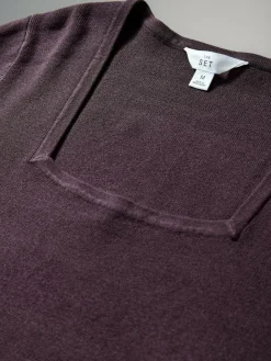 The Set 2 Pack Knitted Square Neck Dress Burgundy Plum/Navy Blue Tipped^Women Midi Dresses|Knitwear