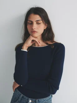 The Set 2 Pack Knitted Tipped Scoop Back Tops Ecru/Navy Blue^Women Nightwear|Knitwear