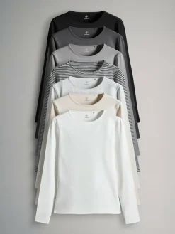 Clearance The Set 7 Pack Long Sleeve Crew Neck T-Shirts Stripe/Black/Grey/White