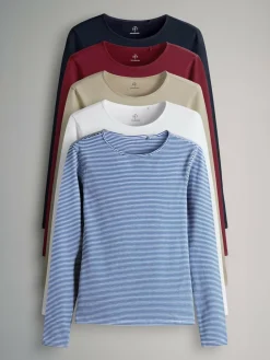 Outlet The Set 5 Pack Long Sleeve Crew Neck T-Shirts Navy/Light Blue Stripe/Red/Stone Brown/White