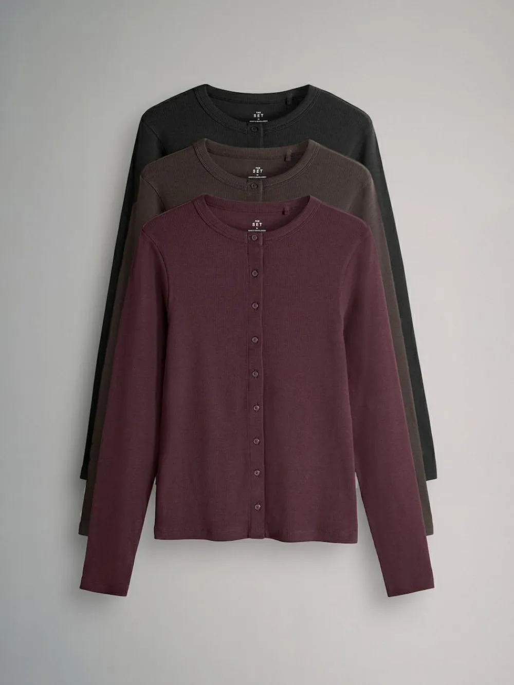 The Set 3 Pack Long Sleeve Button Through Rib T-Shirt Black/Chocolate Brown/Berry^Women Tops & T-Shirts