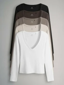 Hot The Set 5 Pack Long Sleeve V-Neck Ribbed T-Shirts Multi