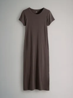 The Set 3 Pack Short Sleeve Ribbed Midi Dresses Black/Chocolate/Charcoal