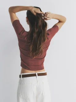 The Set 4 Pack Textured Ribbed Square Neck Half Sleeve T-Shirts Black/Pink/White^Women Tops & T-Shirts