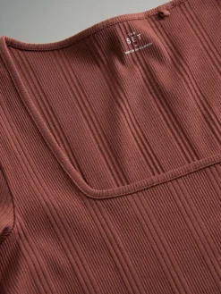 The Set 4 Pack Textured Ribbed Square Neck Half Sleeve T-Shirts Black/Pink/White^Women Tops & T-Shirts