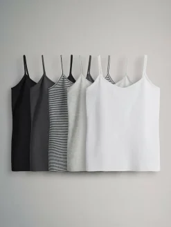 Best The Set 5 Pack Thin Strap Vest Tops Black/Grey/Stripe/Light Grey Marl/White