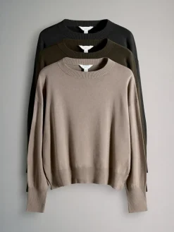 The Set Black/Brown/Neutral 3 Pack Fine Knit Crew Neck Jumpers^Women Knitwear|Knitwear