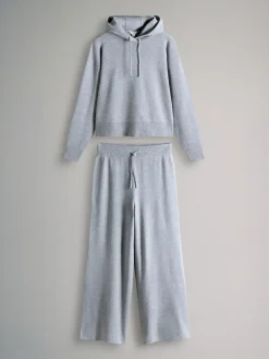 Discount The Set Knitted Ribbed Hoodie and Wide Leg Trouser Co-ord Light Grey Marl