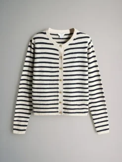 Outlet The Set Navy/Cream Stripe 2 Pack Gold Button Knitted Cardigans With Wool