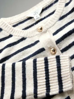 Outlet The Set Navy/Cream Stripe 2 Pack Gold Button Knitted Cardigans With Wool