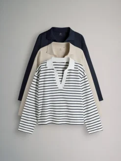 The Set Navy/Stone/Stripe 3 Pack Long Sleeve Heavyweight Rugby T-Shirts