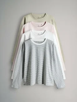 Discount The Set Relaxed Fit 4 Pack 100% Cotton Relaxed Long Sleeve T-Shirts Light Green/Pink/White/Stripe
