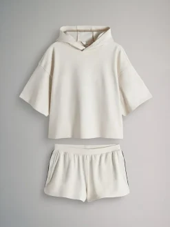 The Set Soft Touch Ribbed Sweat Hoodie And Shorts Set Cream^Women Shorts