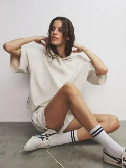 The Set Soft Touch Ribbed Sweat Hoodie And Shorts Set Cream^Women Shorts