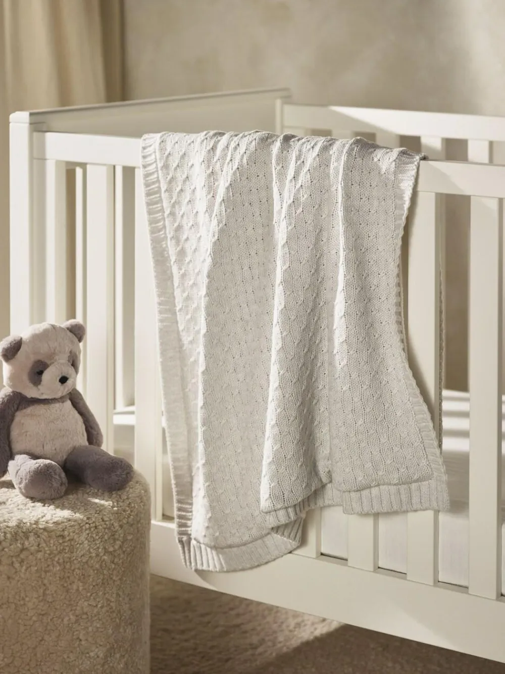 Online The White Company Grey Cotton Knitted Fleece Lined Blanket