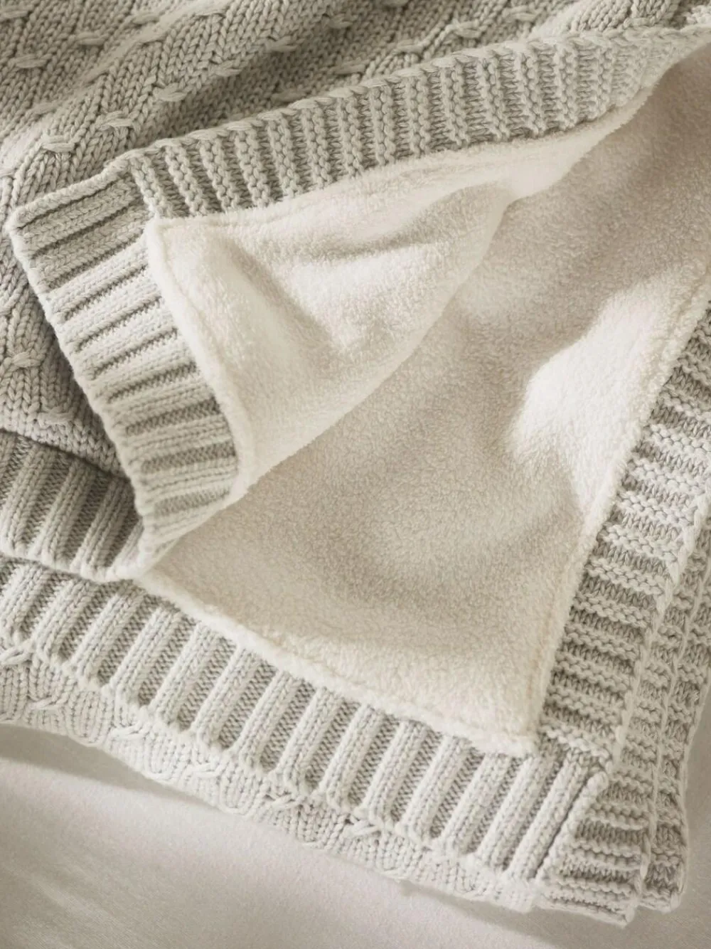 Online The White Company Grey Cotton Knitted Fleece Lined Blanket