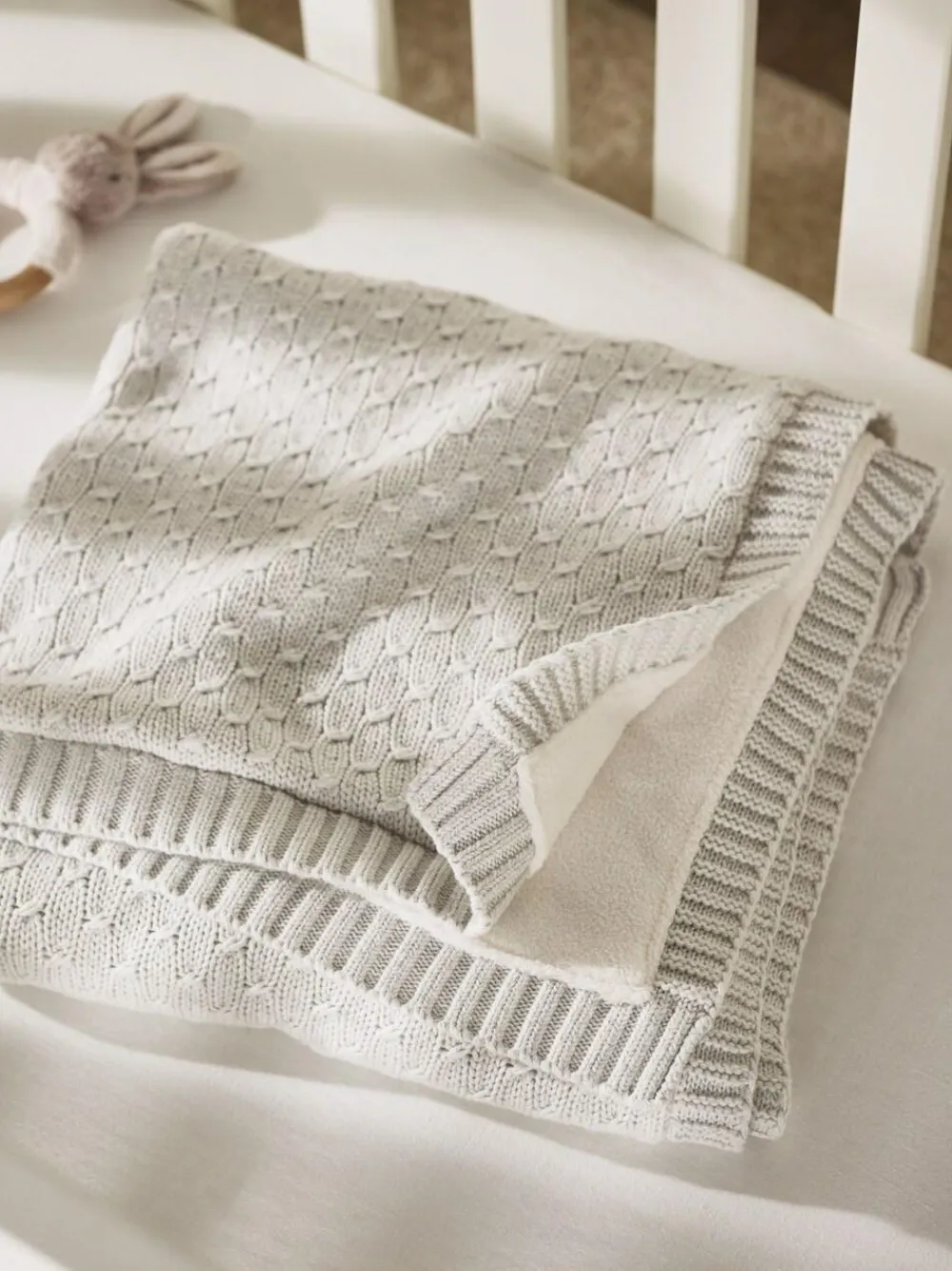 Online The White Company Grey Cotton Knitted Fleece Lined Blanket