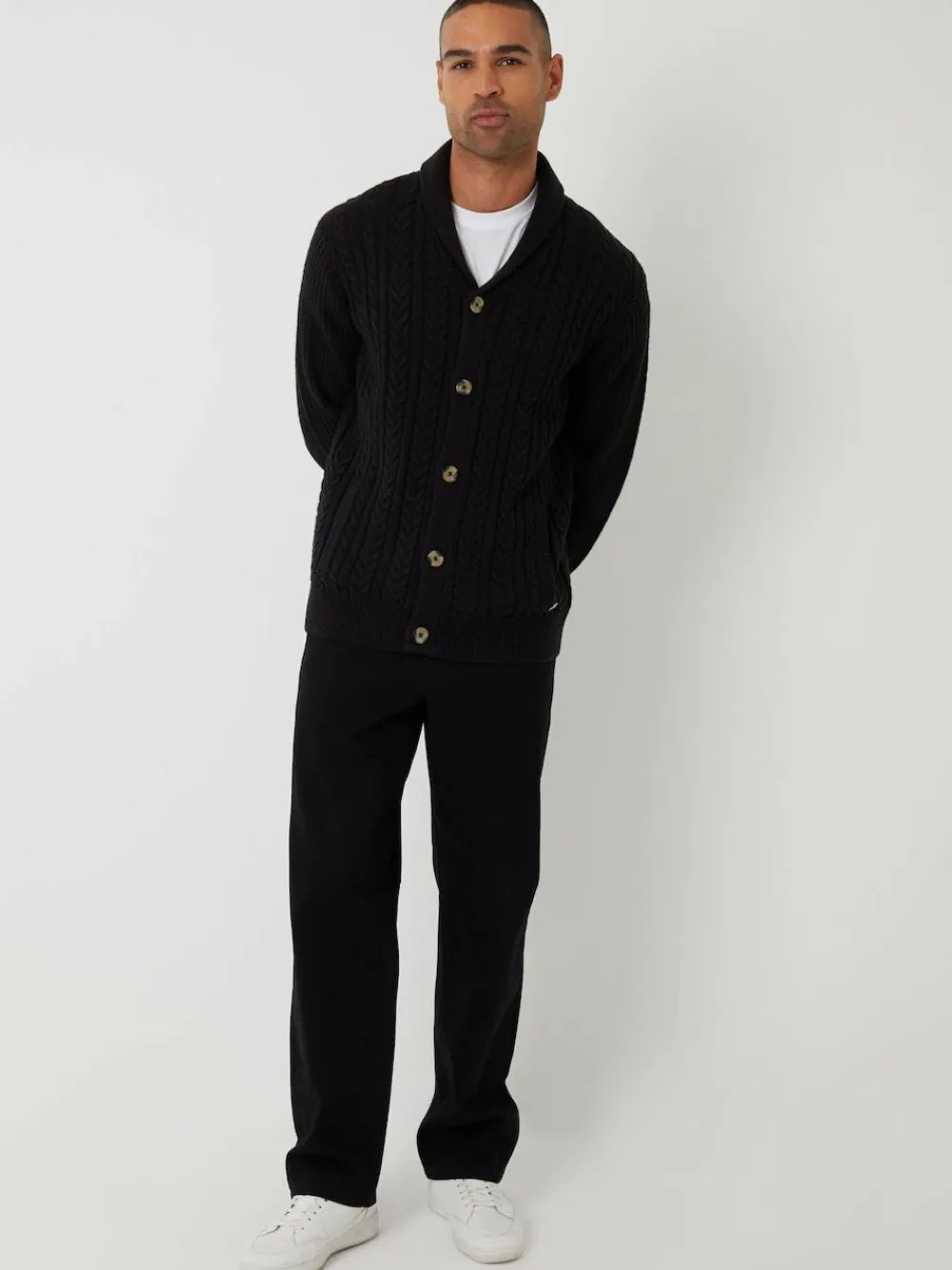 Discount Threadbare Cable Knit Shawl Collar Cardigan With Wool Black